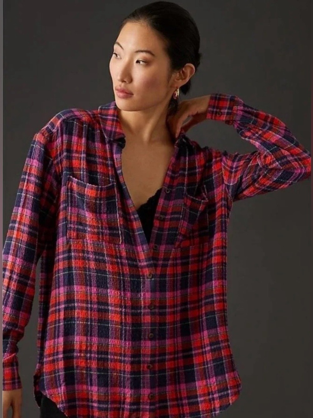 Anthropologie Pilcro Relaxed Plaid Button-Up Shirt in Red, Pink and Purple Small